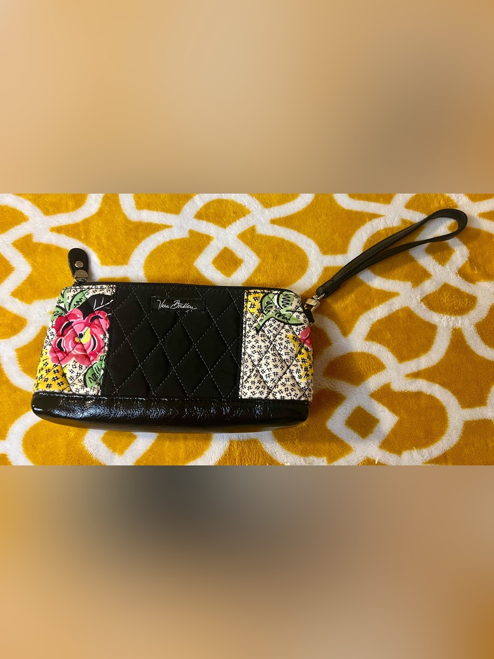 Vera Bradley Black Quilted Wristlet with Yellow & Pink Floral Panels